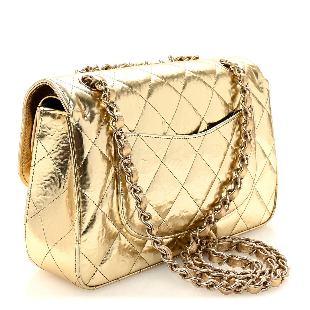 Hammered Metallic Calfskin Quilted Small Double Flap Gold At My store
