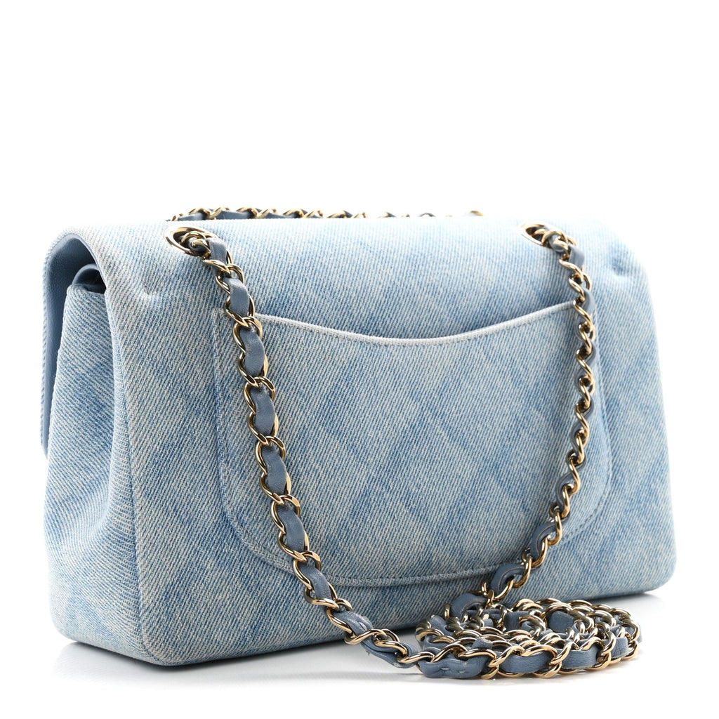 Printed Denim Quilted Small Double Flap Light Blue At My store