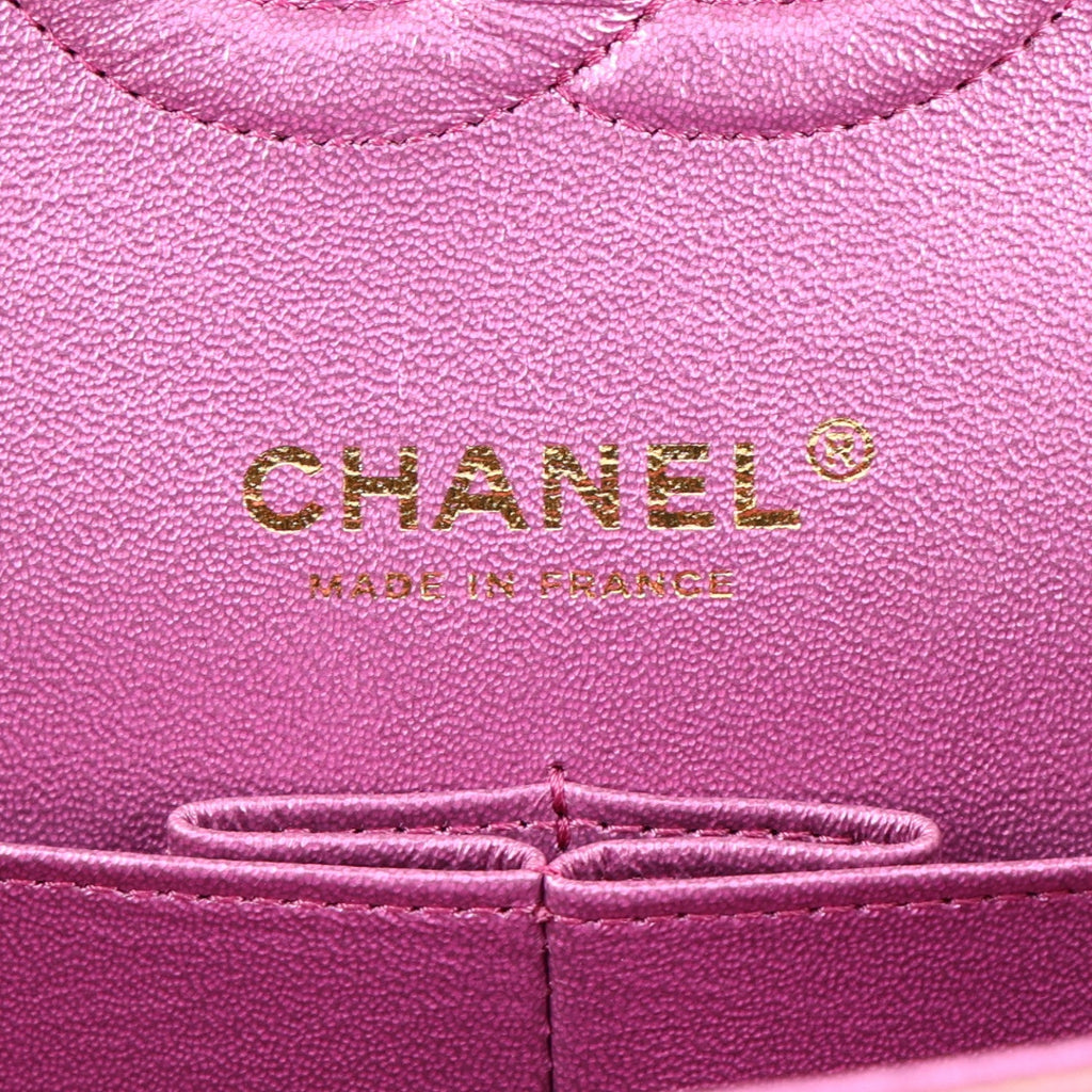 Iridescent Lambskin Quilted Medium Double Flap Purple At My store