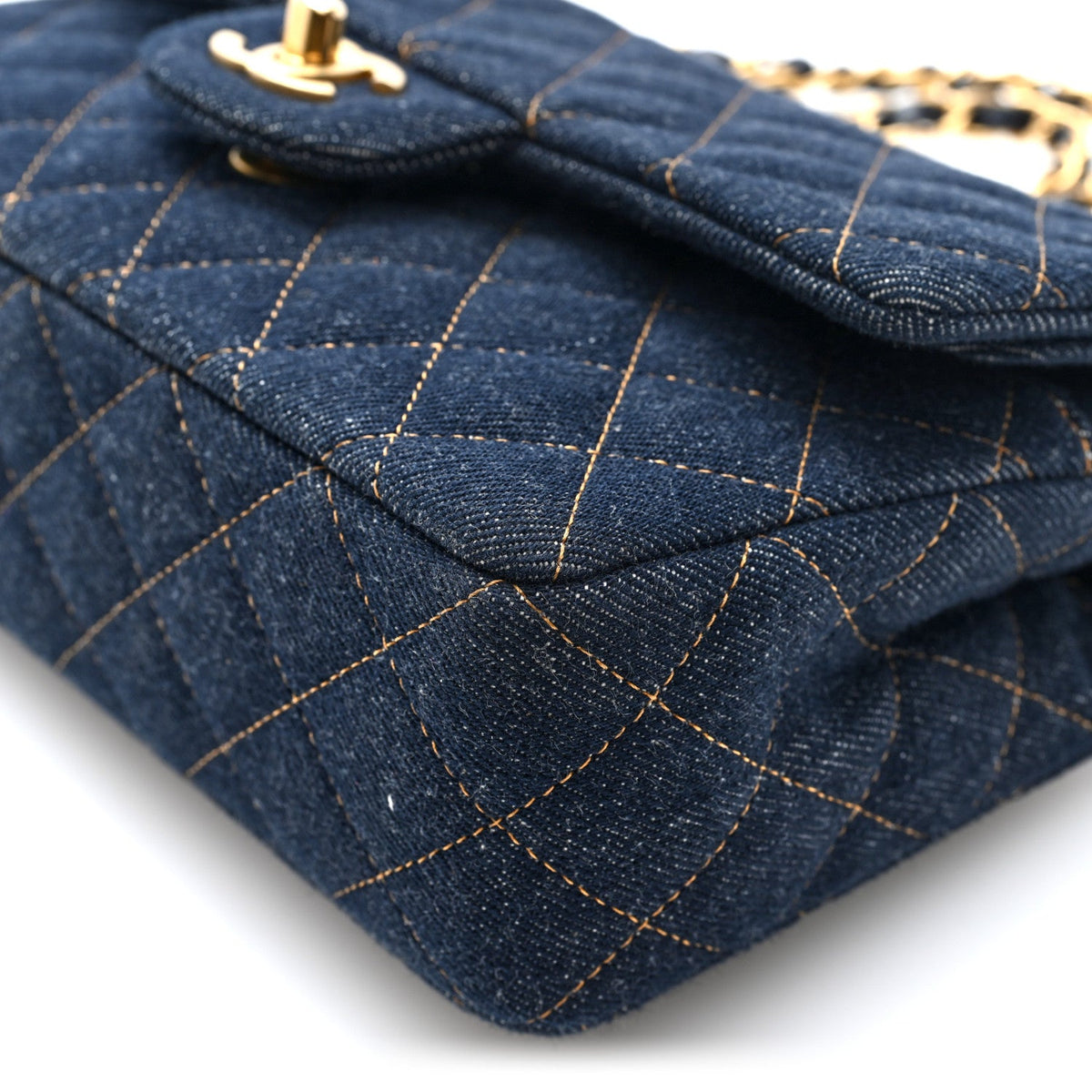 Denim Quilted Small Double Flap Dark Blue Orange At My store