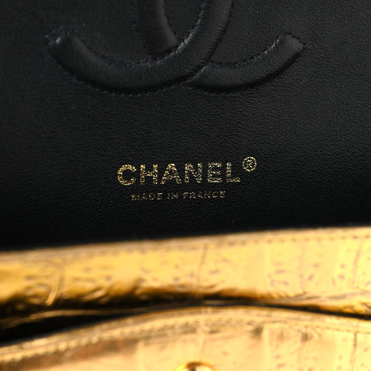Metallic Calfskin Crocodile Embossed Cocodile Medium Double Flap Gold At My store
