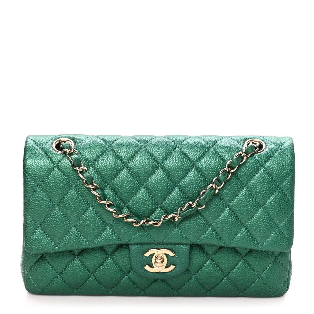 Metallic Caviar Quilted Medium Double Flap Green At My store