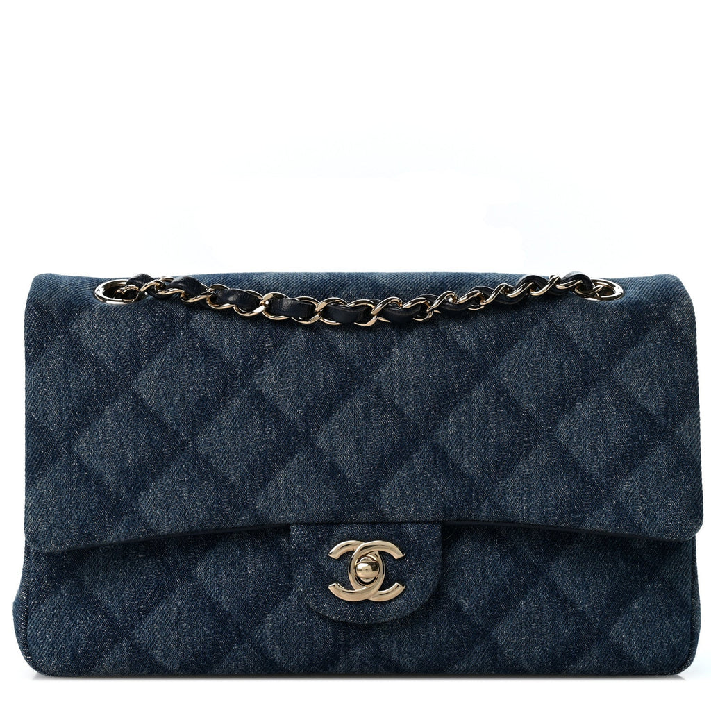 Printed Denim Quilted Medium Double Flap Light Blue At My store