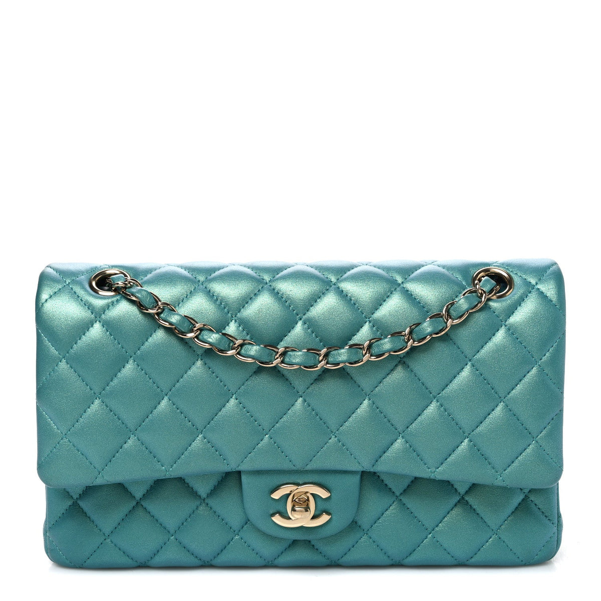 Iridescent Caviar Quilted Medium Double Flap Green At My store