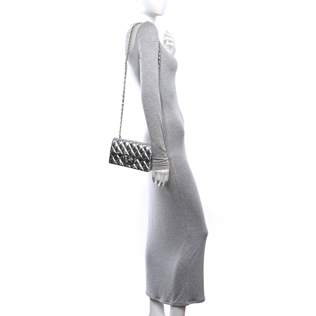 Hammered Metallic Calfskin Quilted Small Double Flap Silver At My store