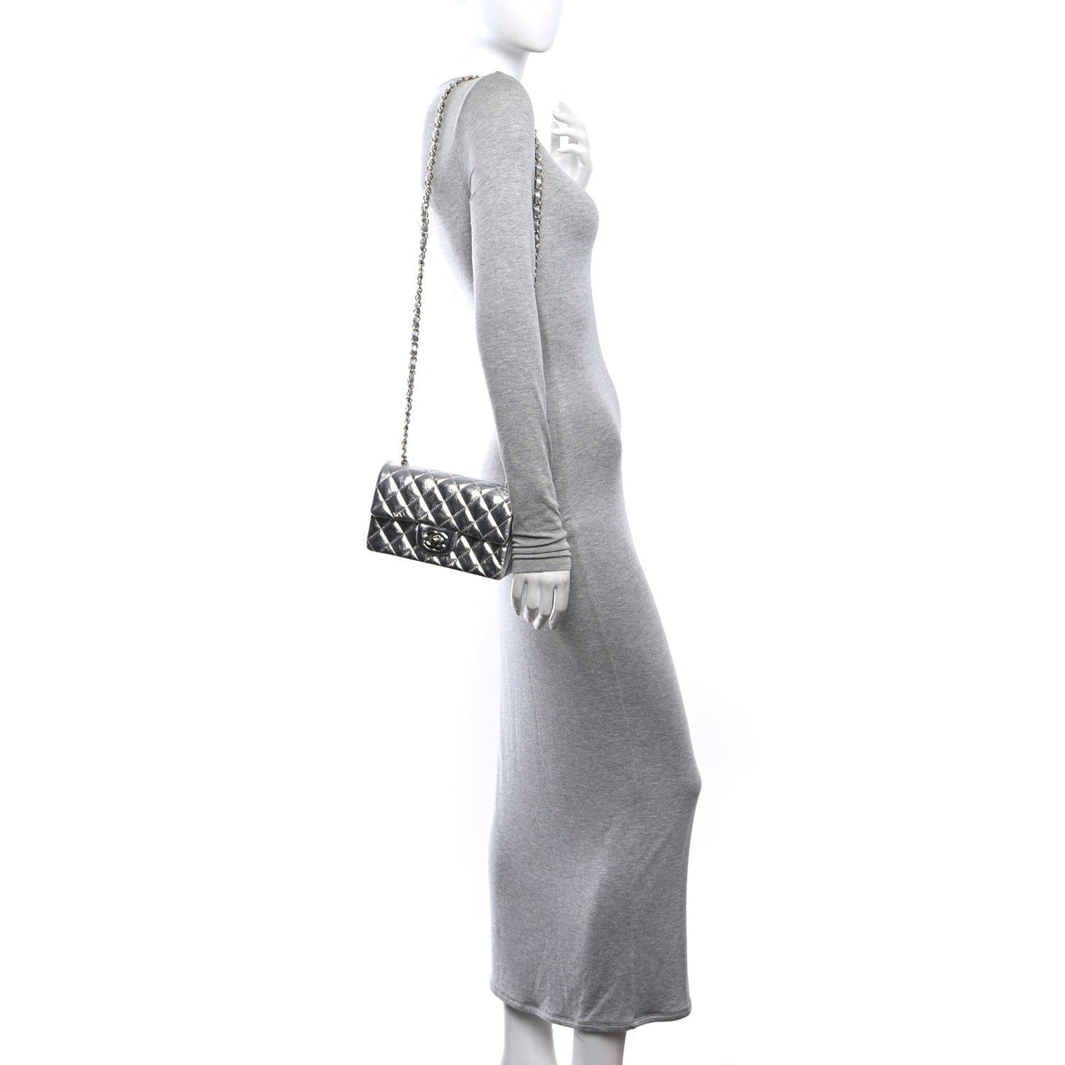 Hammered Metallic Calfskin Quilted Small Double Flap Silver At My store