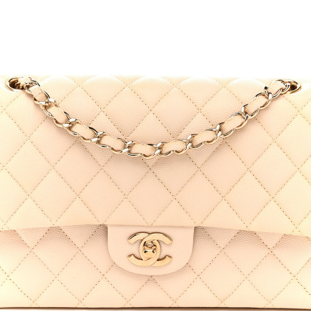 Caviar Quilted Medium Double Flap Light Beige At My store