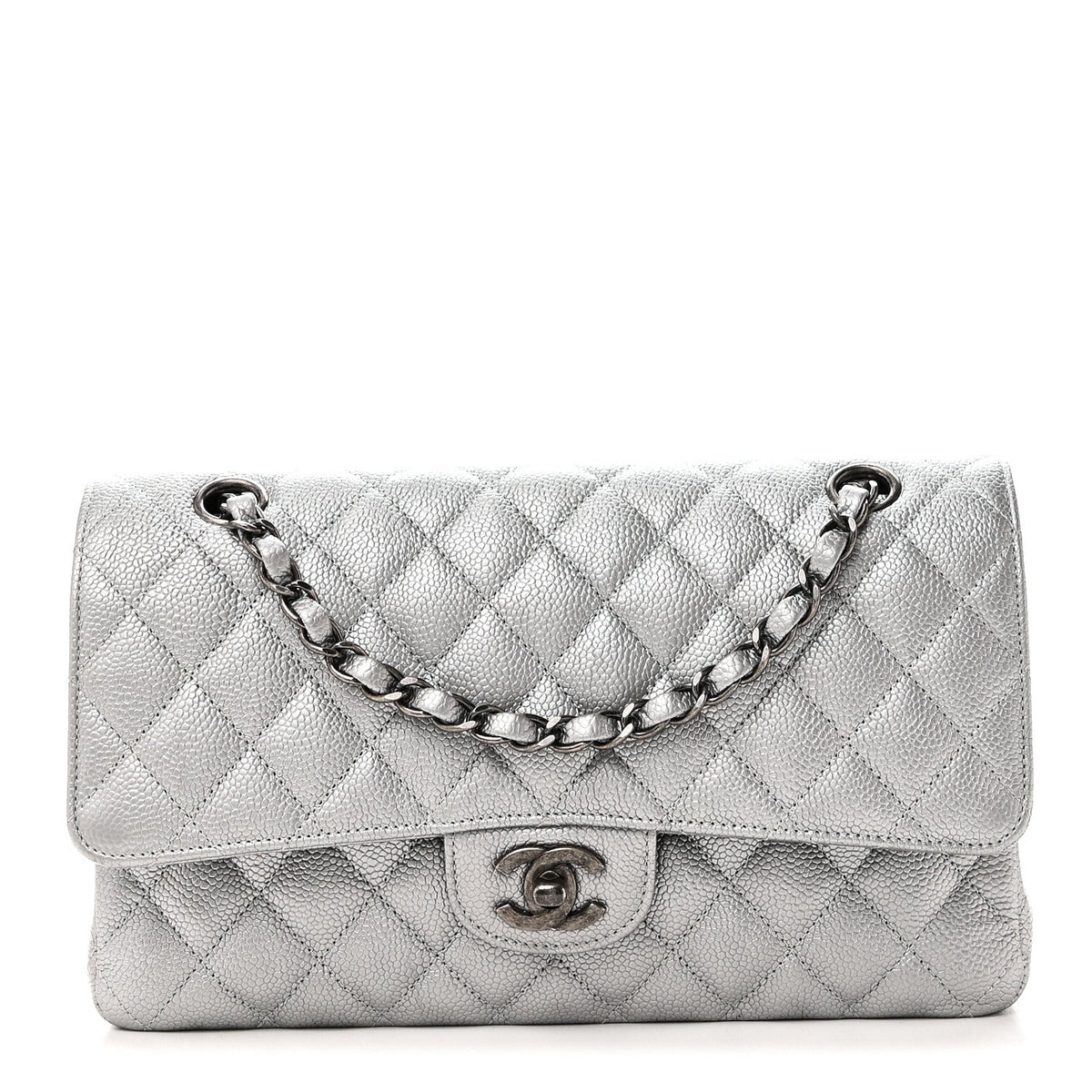 Metallic Caviar Quilted Medium Double Flap Silvery At My store