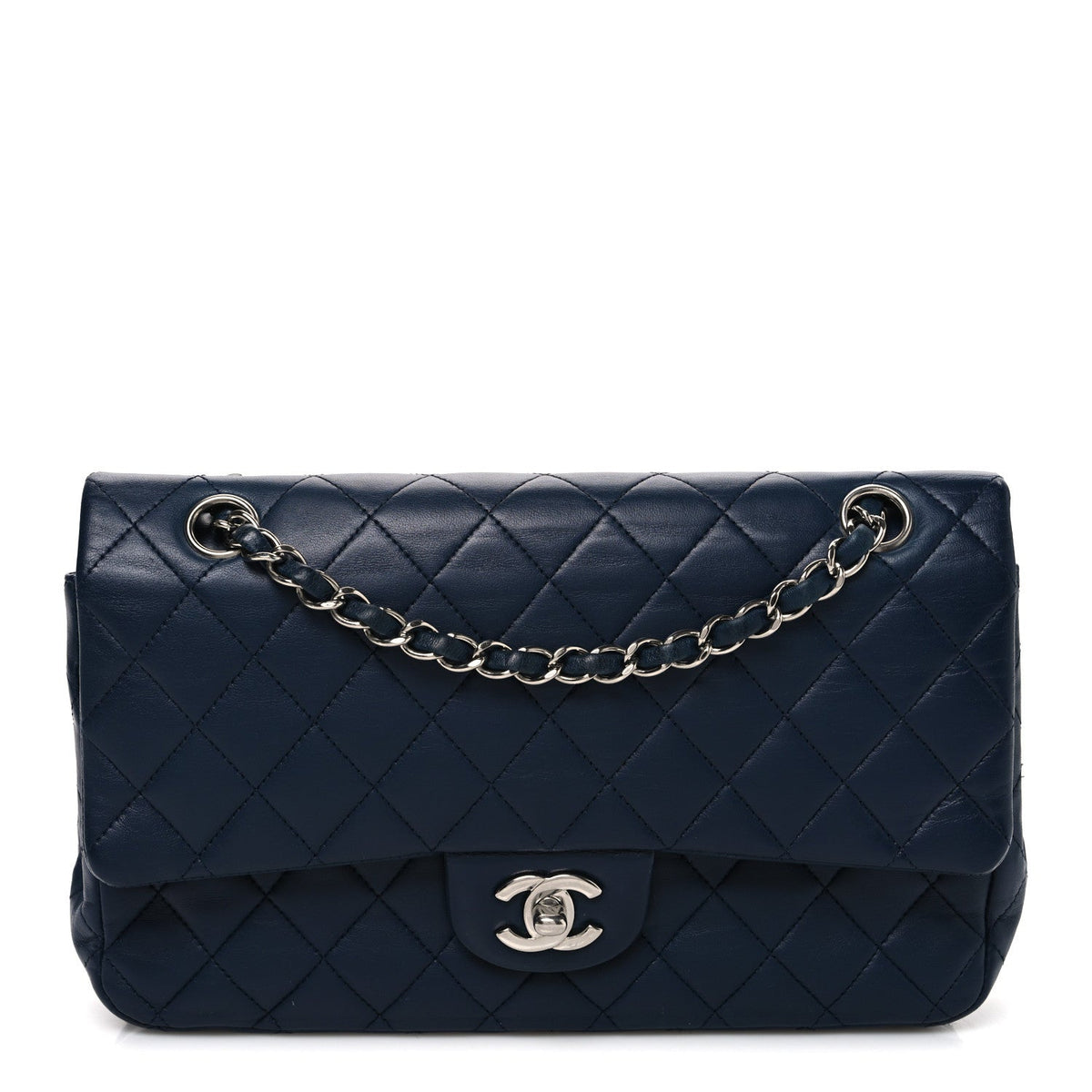 Lambskin Quilted Medium Double Flap Navy At My store