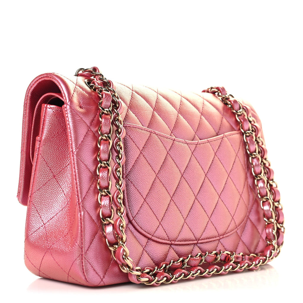 Iridescent Caviar Quilted Medium Double Flap Dark Pink At My store