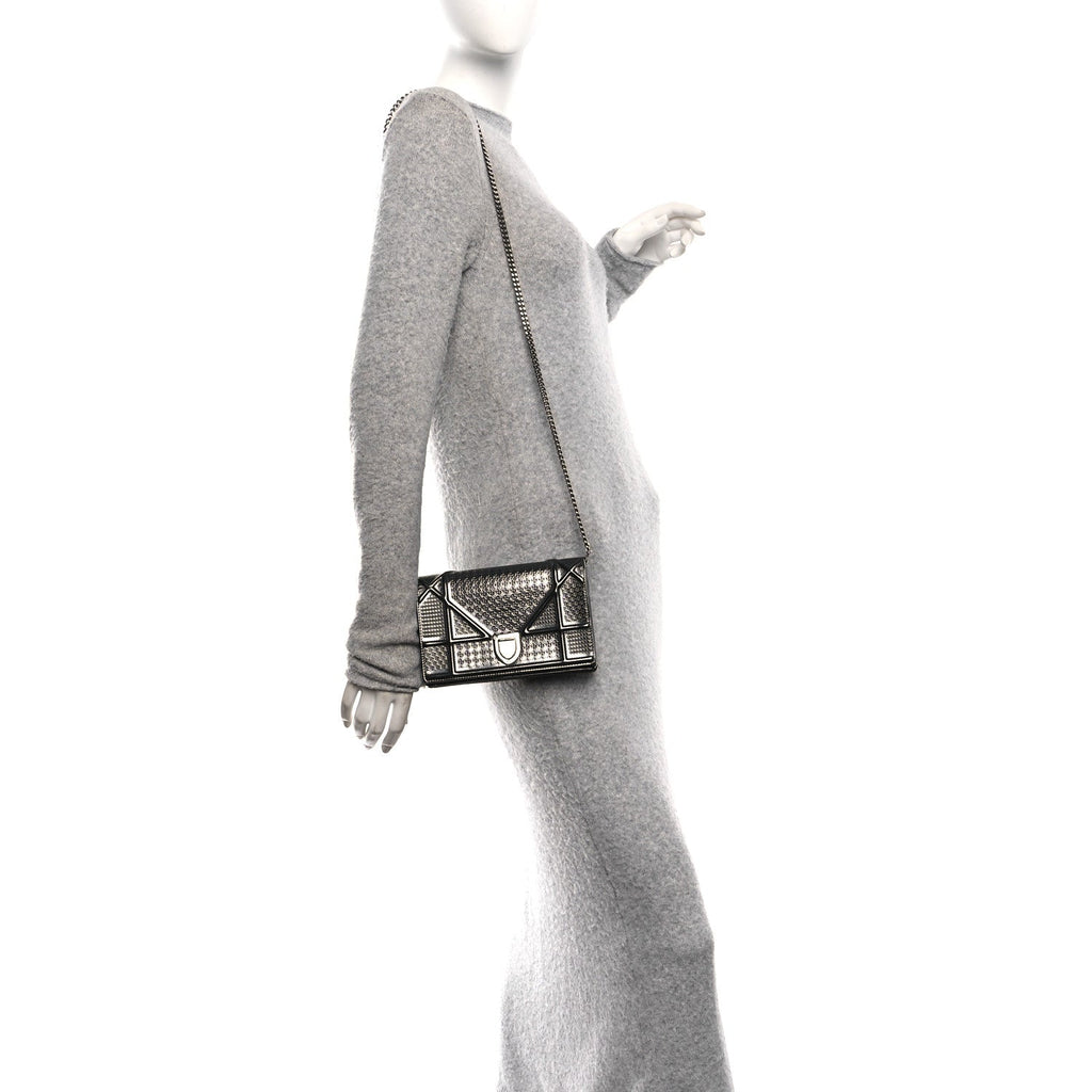 Metallic Patent Micro-Cannage Diorama Wallet on Chain Pouch Onyx Black AT My store