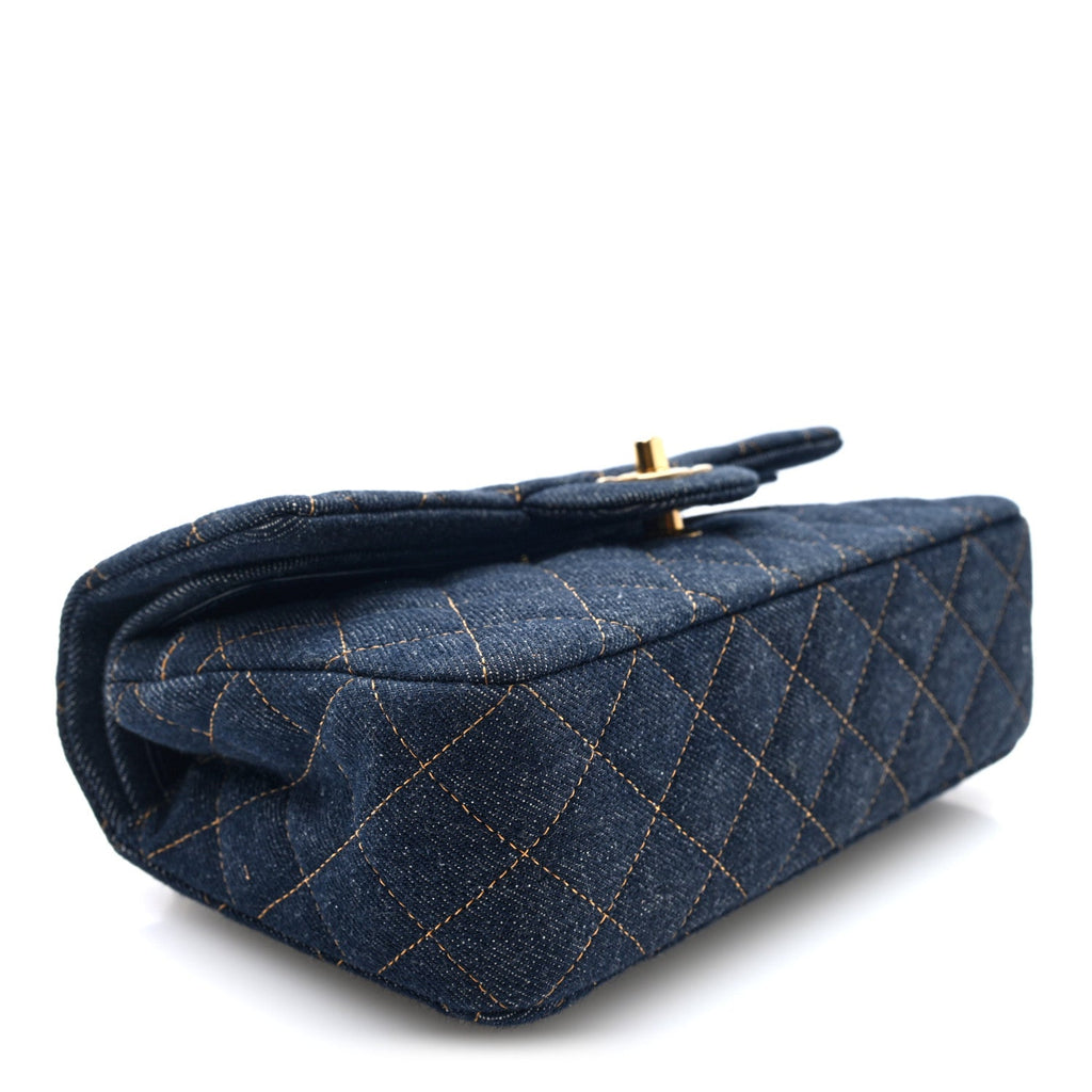 Denim Quilted Small Double Flap Dark Blue Orange At My store