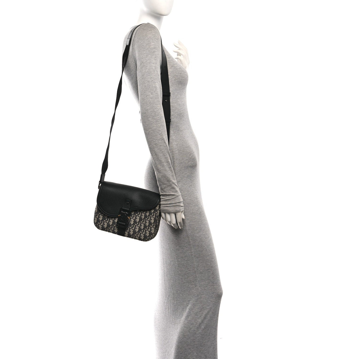 Oblique Jacquard Grained Calfskin Small Saddle Messenger Bag Beige Black AT My store