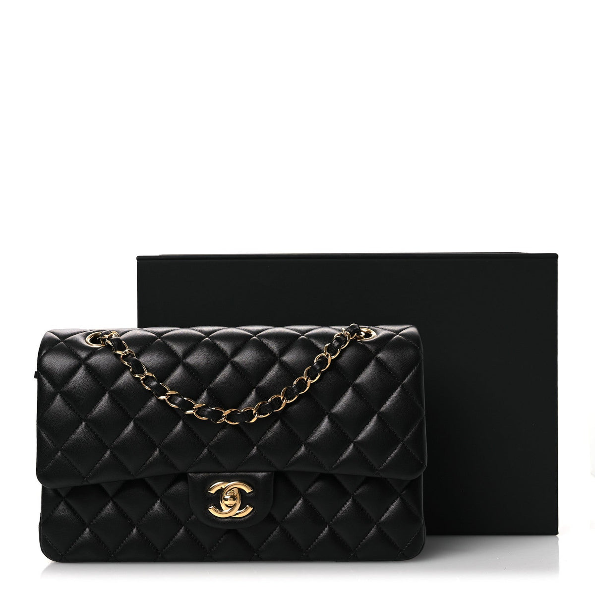 Lambskin Quilted Medium Double Flap Black At My store