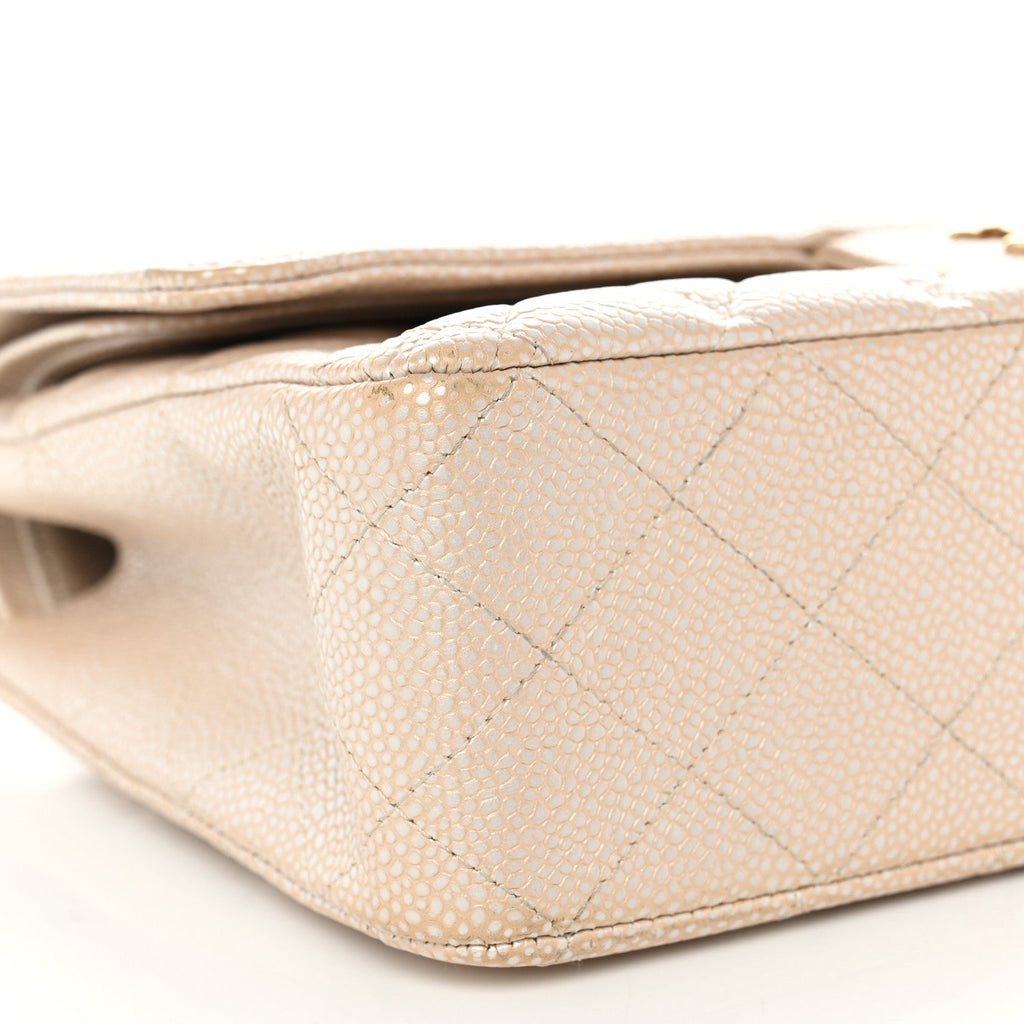Pearly Caviar Quilted Medium Double Flap Light Beige At My store