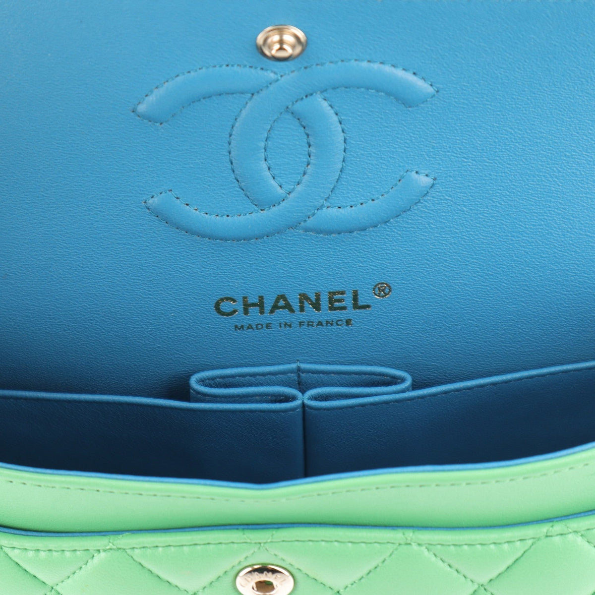 Lambskin Quilted Small Double Flap Green Blue At My store