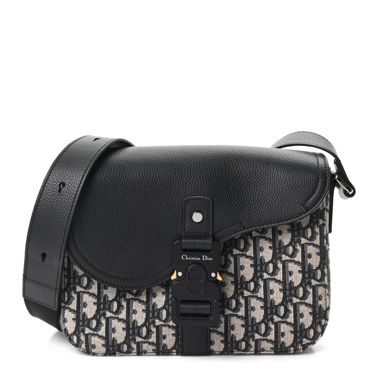 Oblique Jacquard Grained Calfskin Small Saddle Messenger Bag Beige Black AT My store