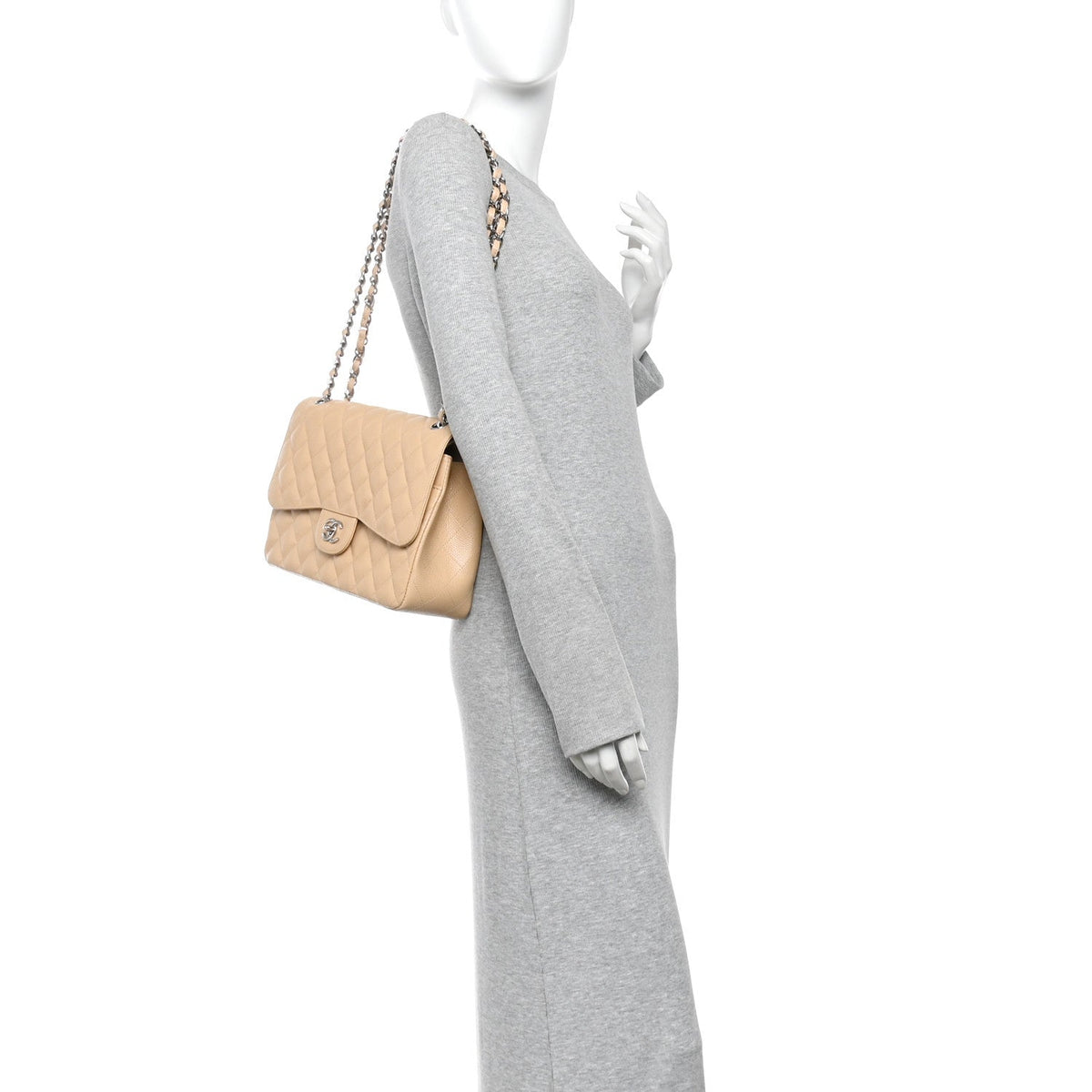 Caviar Quilted Jumbo Double Flap Light Beige At My store