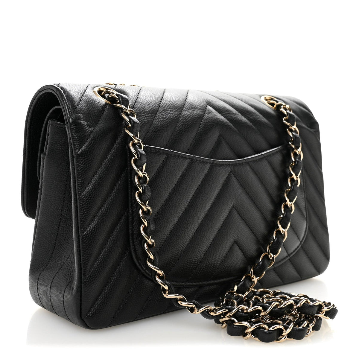 Caviar Flat Chevron Quilted Small Double Flap Black At My store