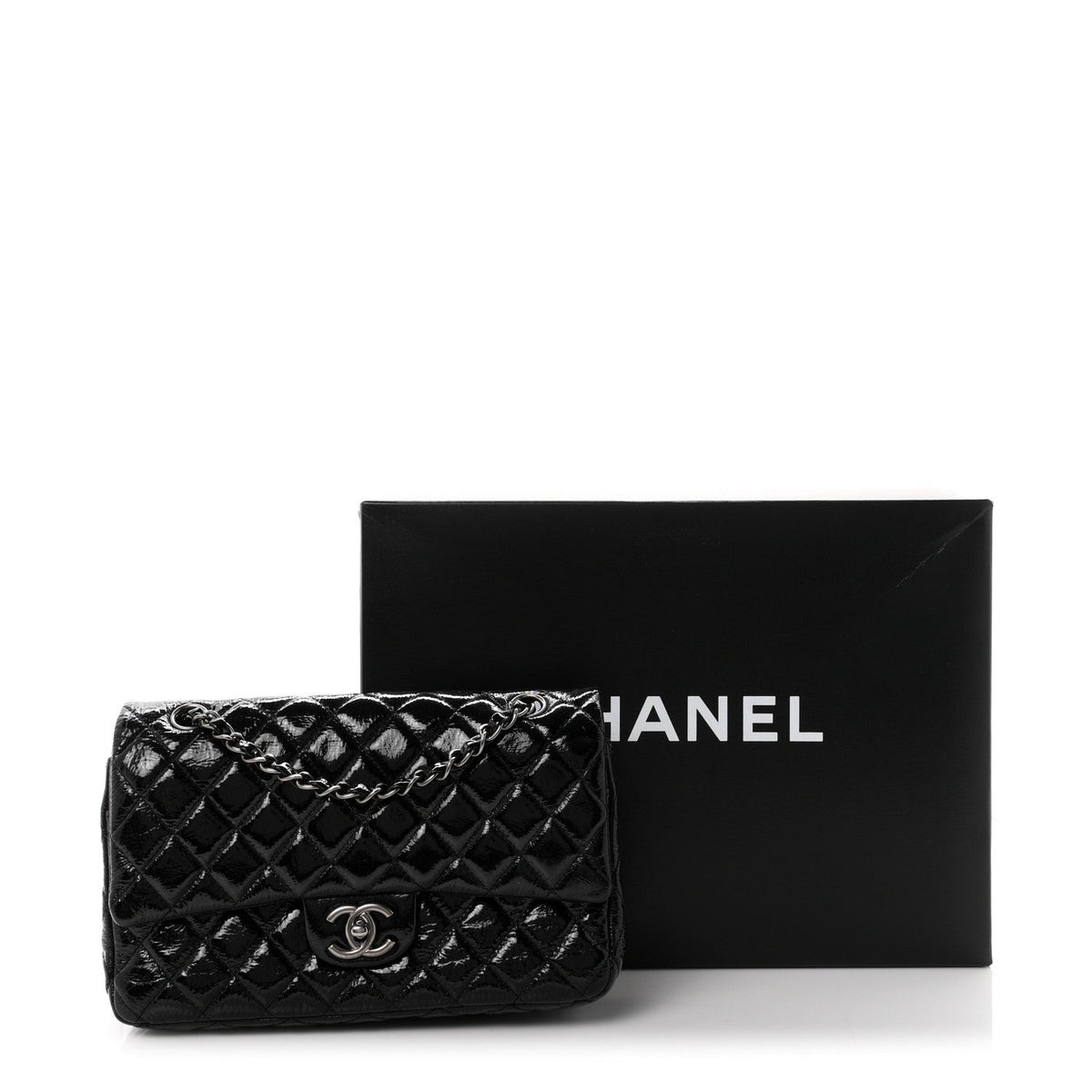 Crumpled Patent Quilted Medium Double Flap Black At My store