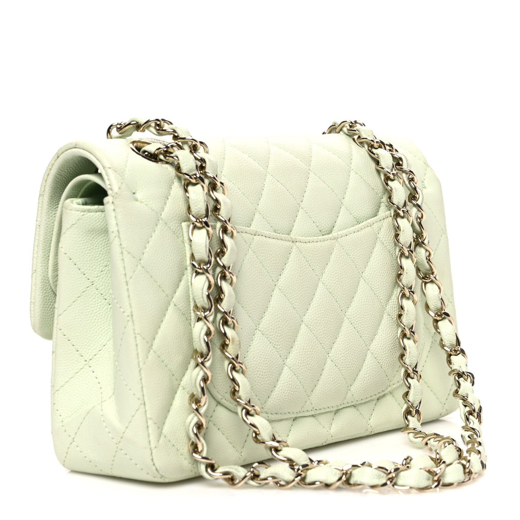 Caviar Quilted Small Double Flap Light Green At My store