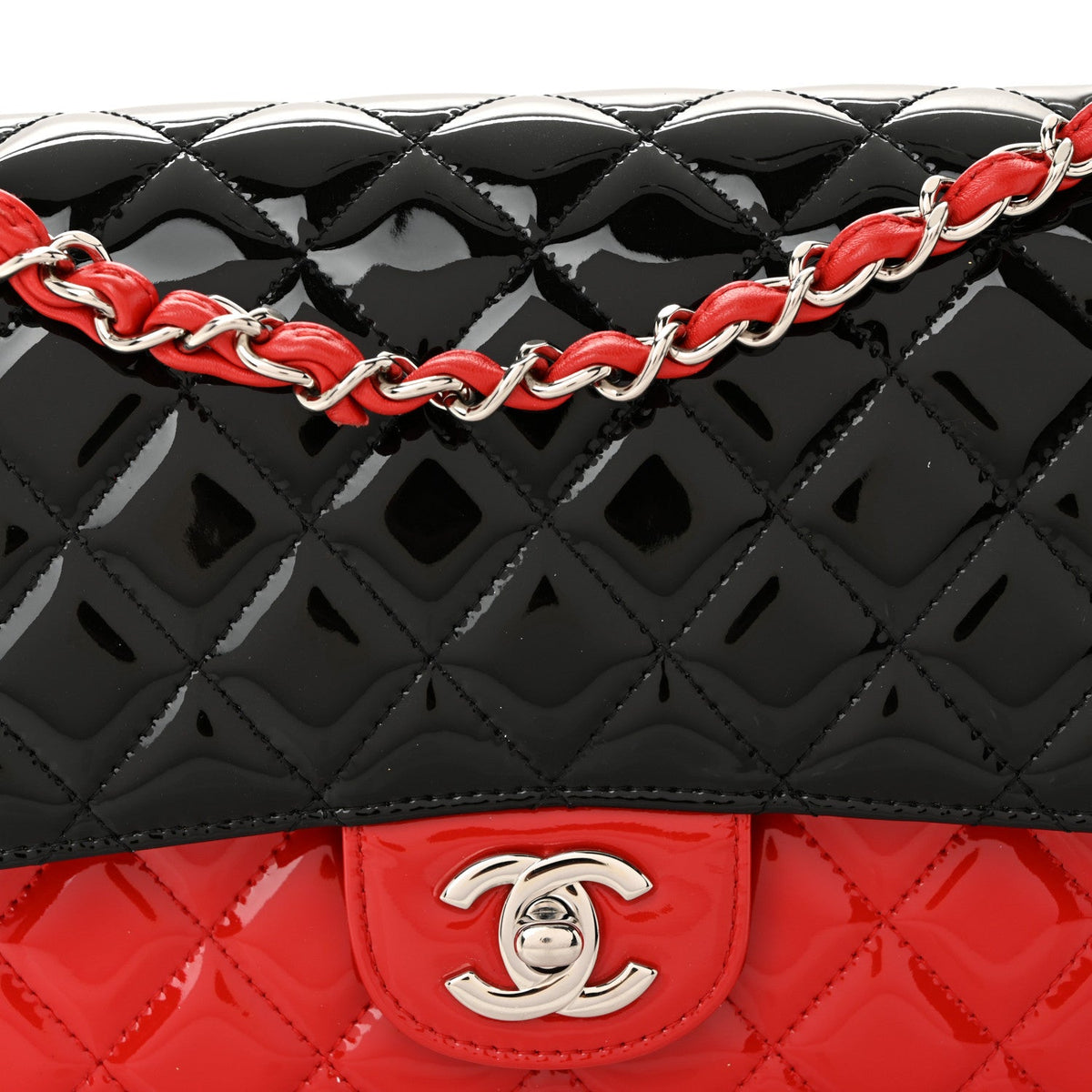 Patent Calfskin Quilted Bi-Color Medium Double Flap Black Red At My store