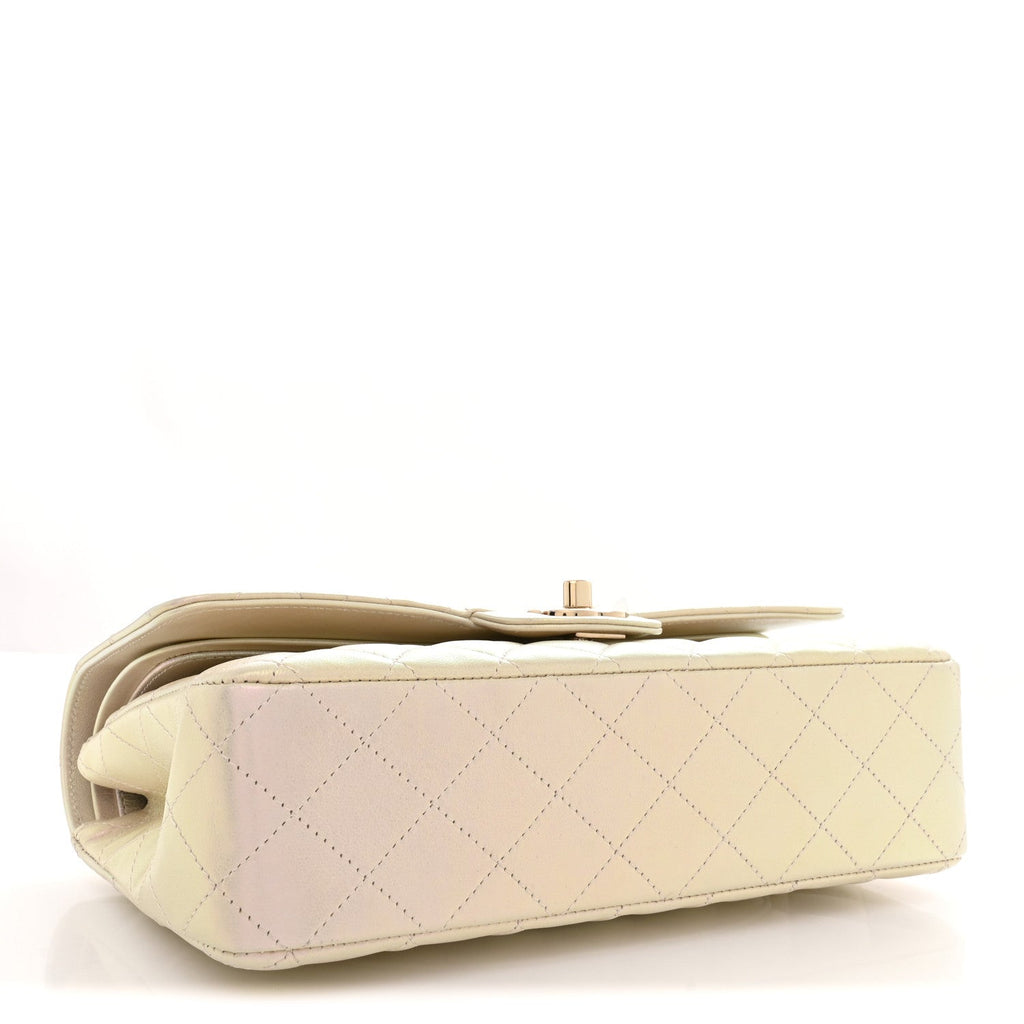 Iridescent Lambskin Quilted Medium Double Flap Ivory At My store