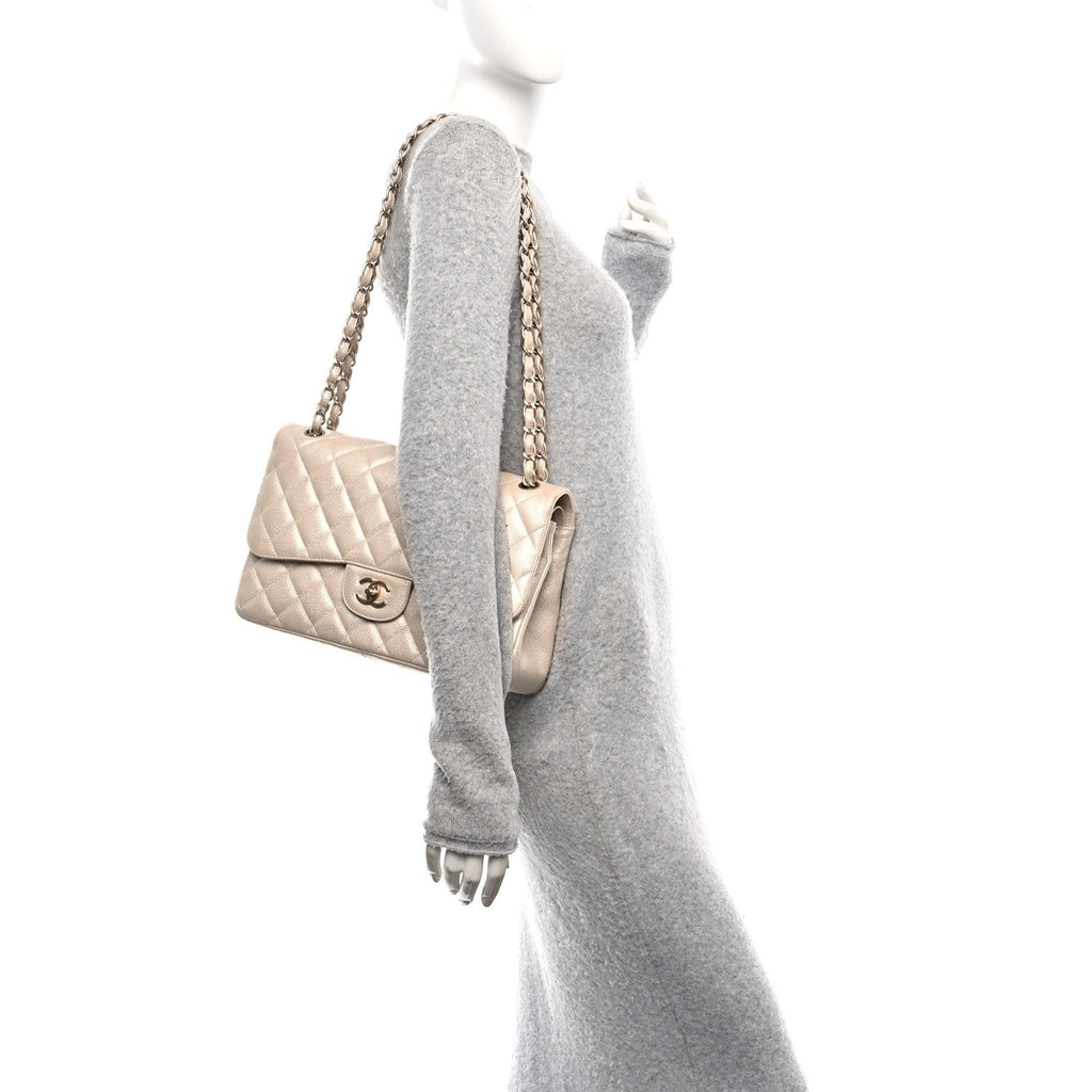 Iridescent Caviar Quilted Jumbo Double Flap Beige At My store
