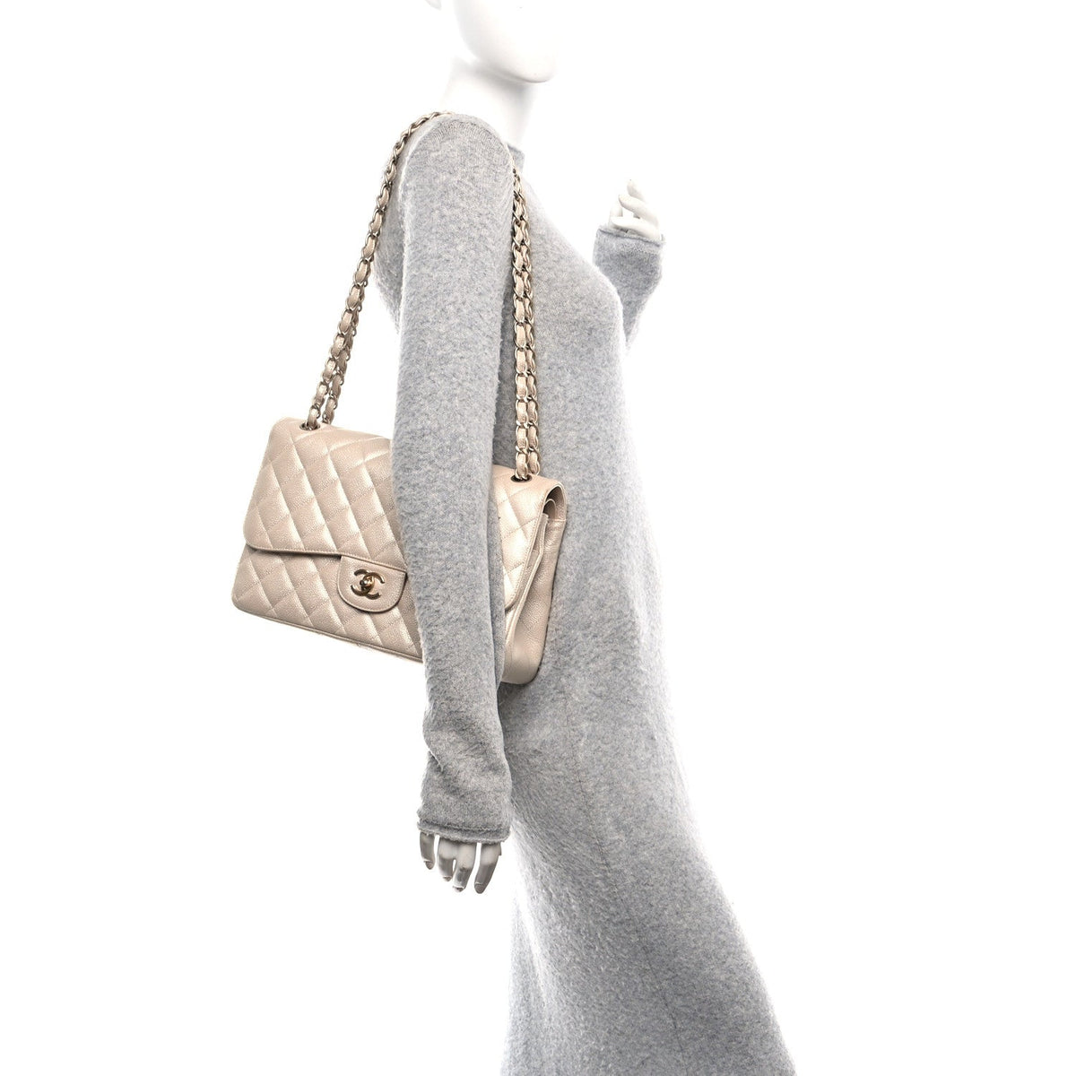 Iridescent Caviar Quilted Jumbo Double Flap Beige At My store