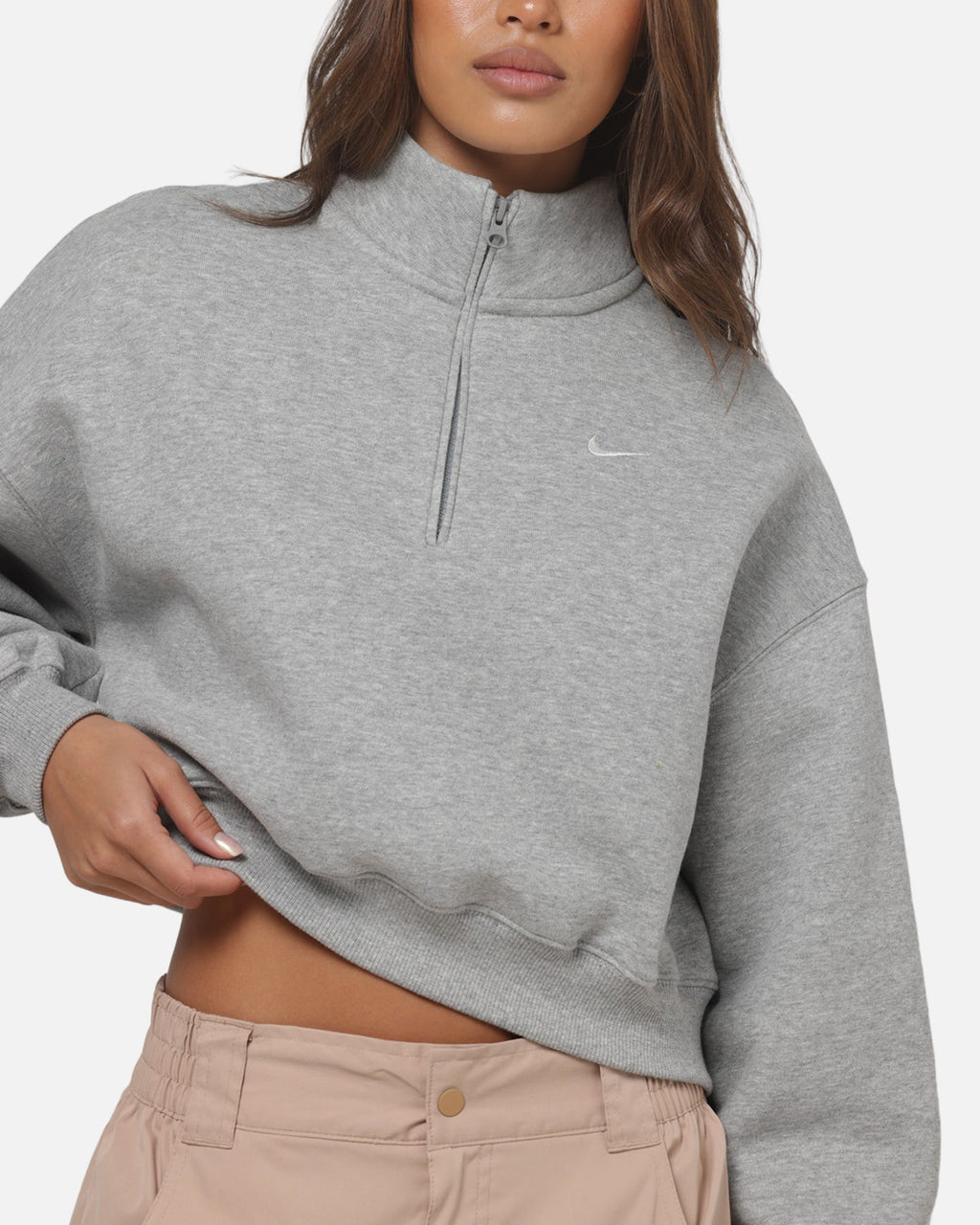 Top Seller Nike Women's Studio Fleece Oversized 1/4-Zip Cropped Top Dark Grey Heather