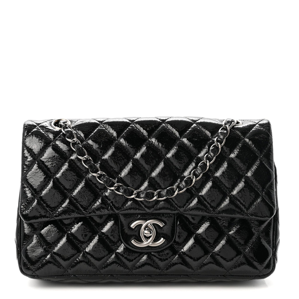 Crumpled Patent Quilted Medium Double Flap Black At My store