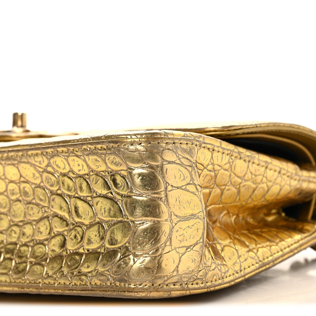 Metallic Calfskin Crocodile Embossed Cocodile Medium Double Flap Gold At My store