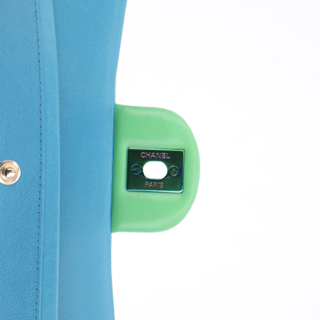 Lambskin Quilted Small Double Flap Green Blue At My store