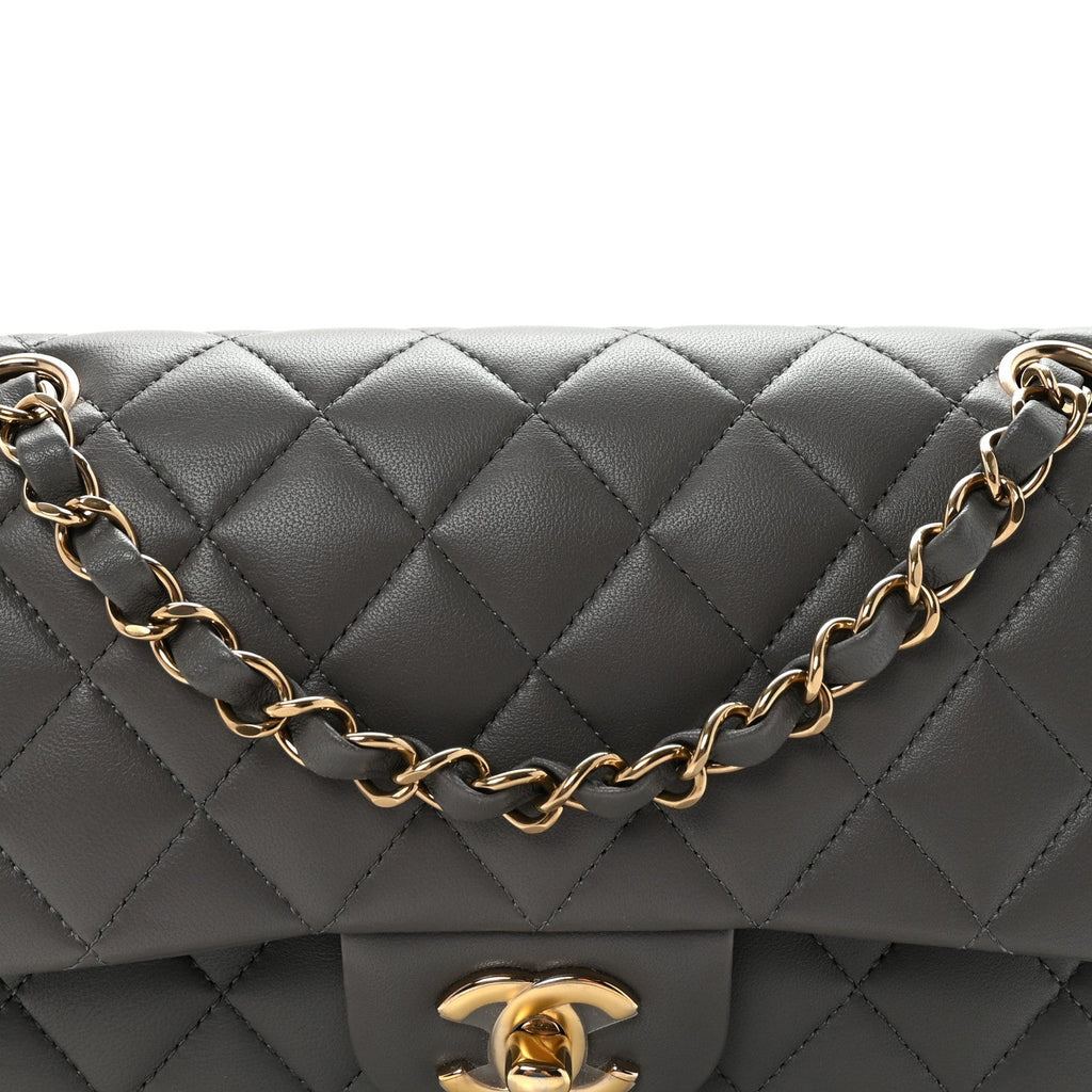 Lambskin Quilted Small Double Flap Grey At My store
