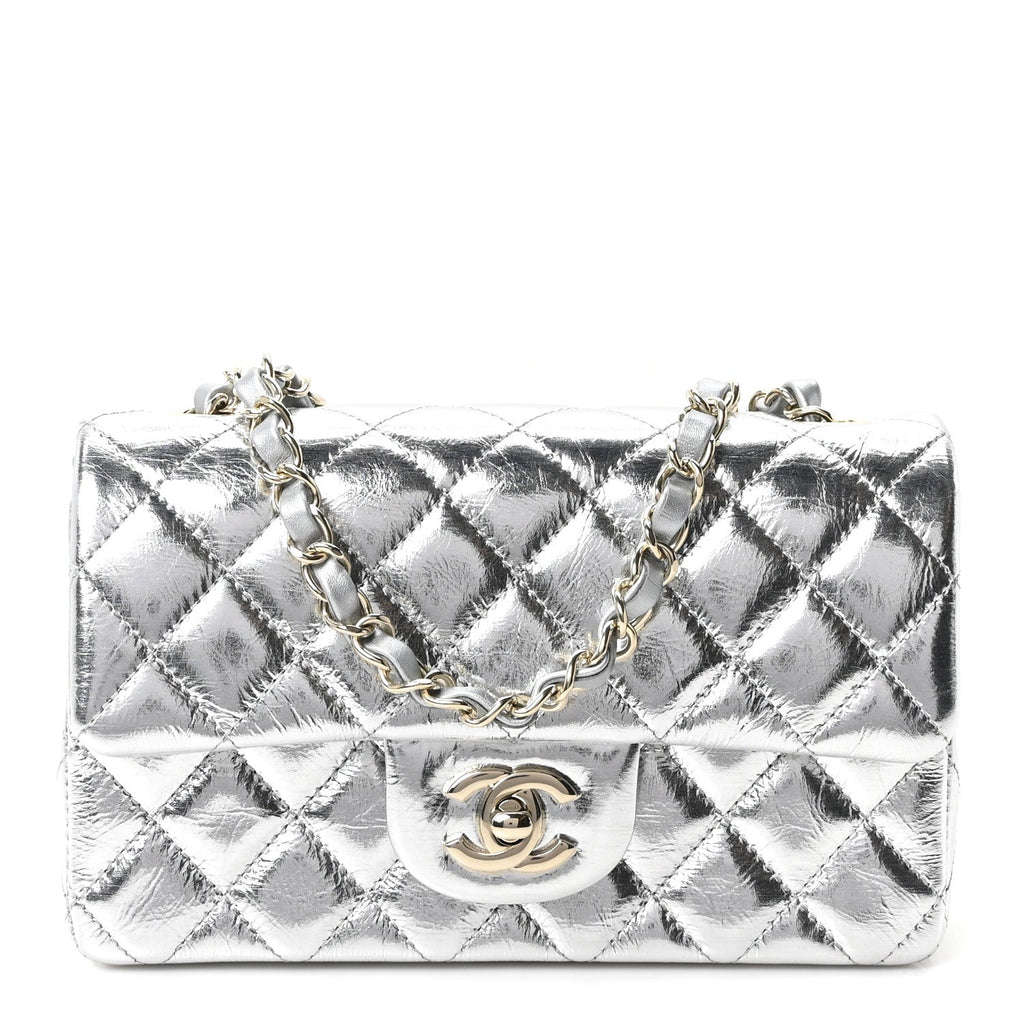 Hammered Metallic Calfskin Quilted Small Double Flap Silver At My store