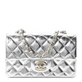 Hammered Metallic Calfskin Quilted Small Double Flap Silver At My store