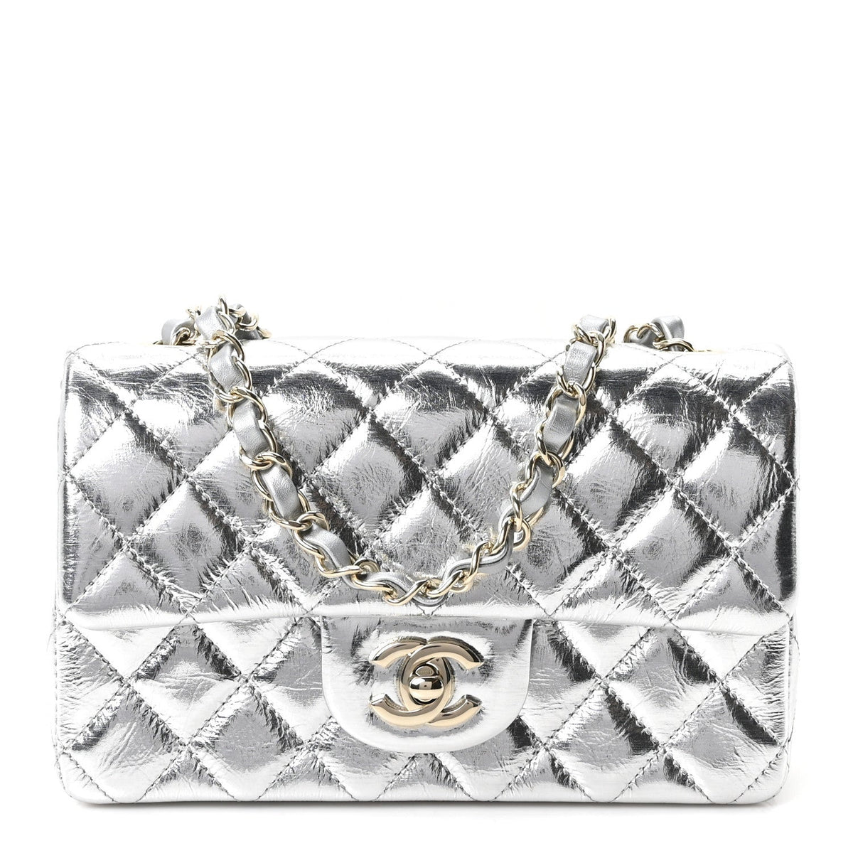 Hammered Metallic Calfskin Quilted Small Double Flap Silver At My store