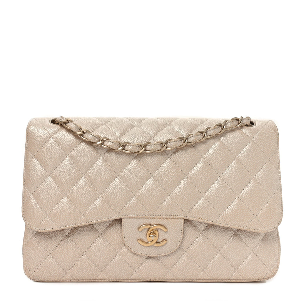 Iridescent Caviar Quilted Jumbo Double Flap Beige At My store