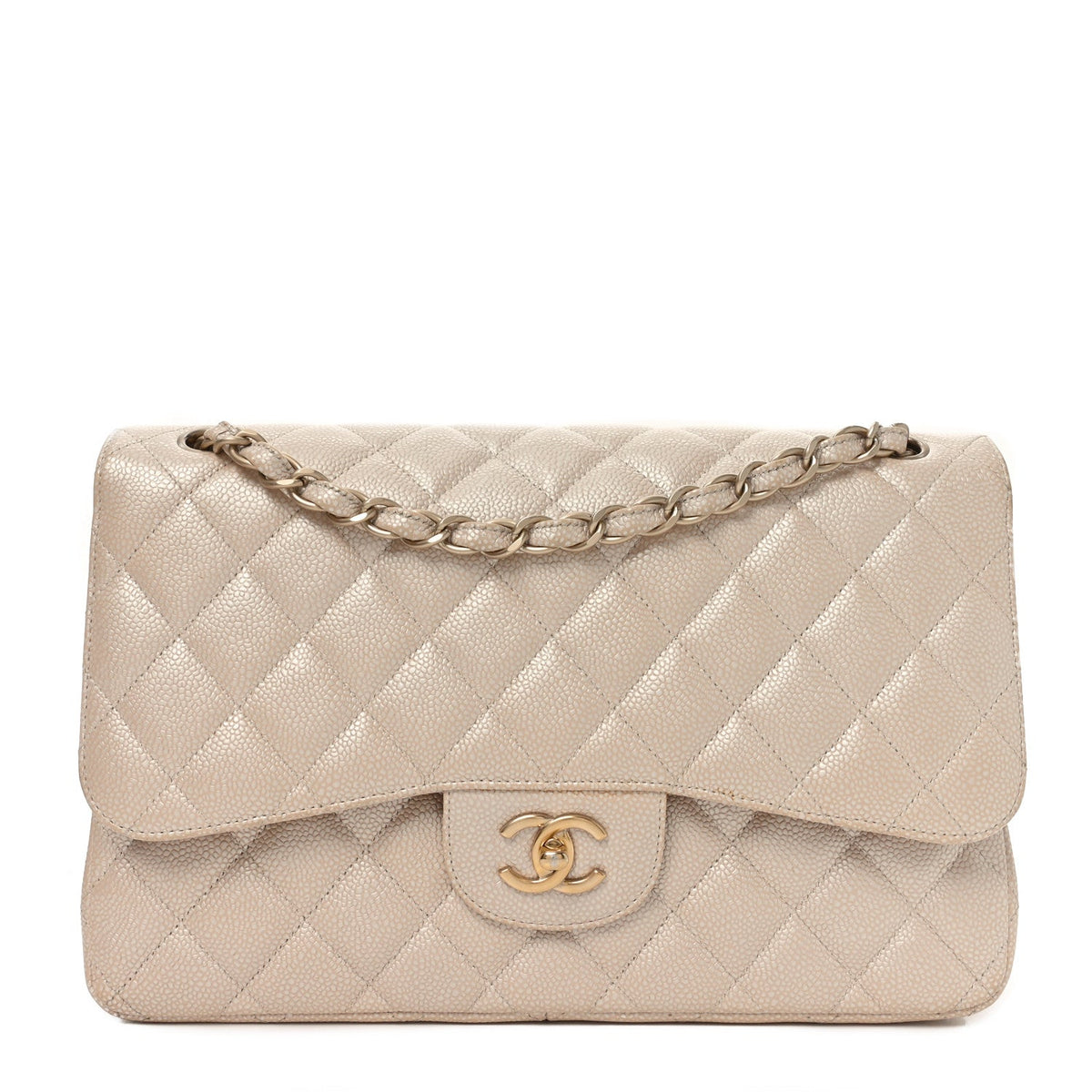 Iridescent Caviar Quilted Jumbo Double Flap Beige At My store