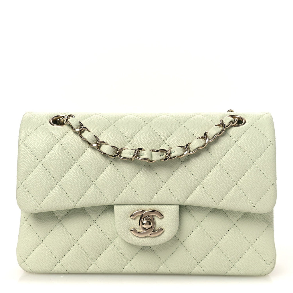 Caviar Quilted Small Double Flap Light Green At My store