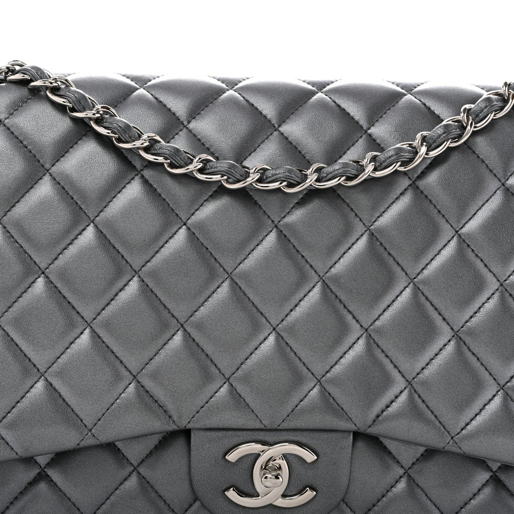 Metallic Lambskin Quilted Maxi Double Flap Pewter At My store