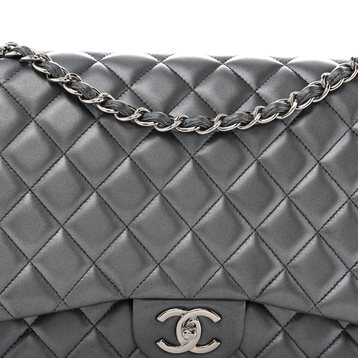 Metallic Lambskin Quilted Maxi Double Flap Pewter At My store