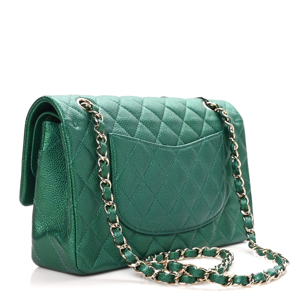 Metallic Caviar Quilted Medium Double Flap Green At My store