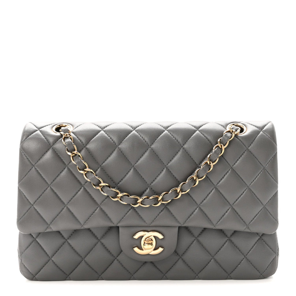 Lambskin Quilted Medium Double Flap Grey At My store