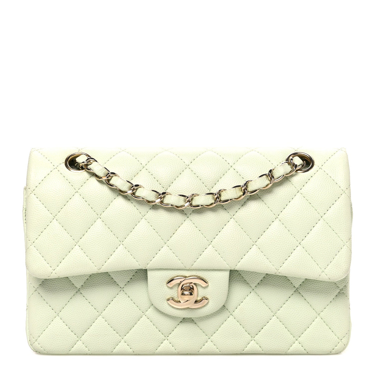 Caviar Quilted Small Double Flap Light Green At My store