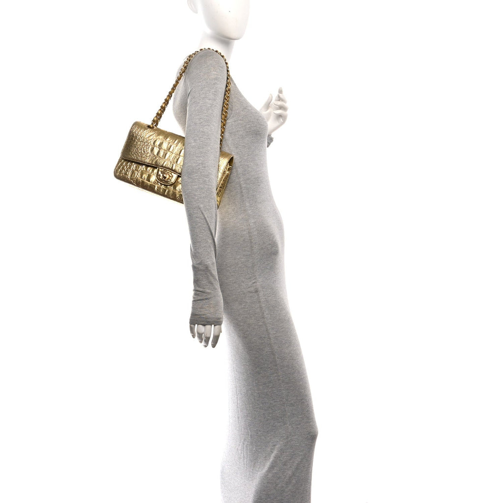 Metallic Calfskin Crocodile Embossed Cocodile Medium Double Flap Gold At My store