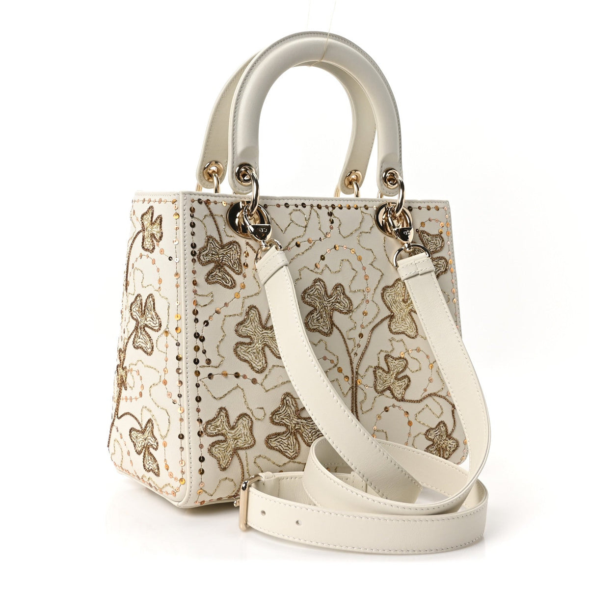 Smooth Calfskin Sequin Embroidered Clover Medium Lady Dior White AT My store