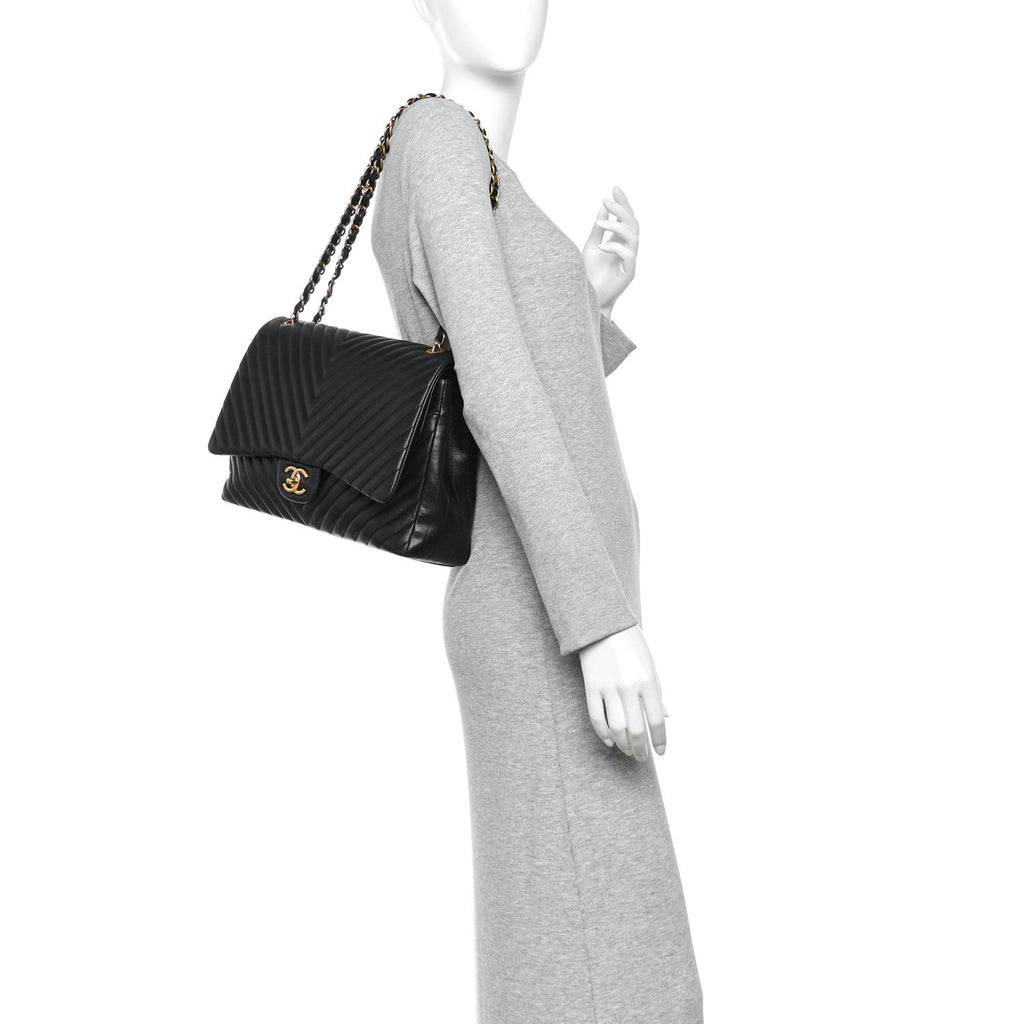 Lambskin Chevron Quilted Maxi Double Flap Black At My store