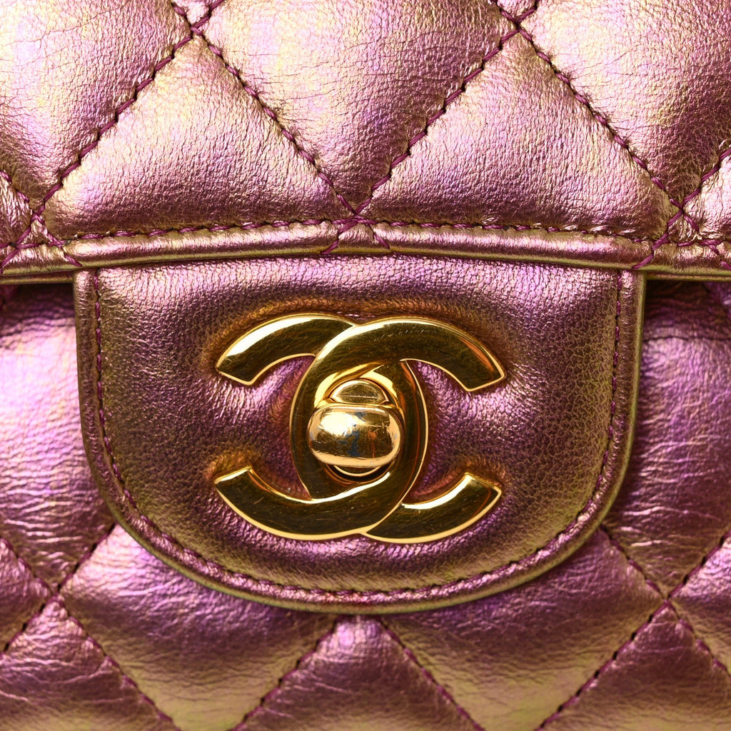 Iridescent Lambskin Quilted Medium Double Flap Purple At My store