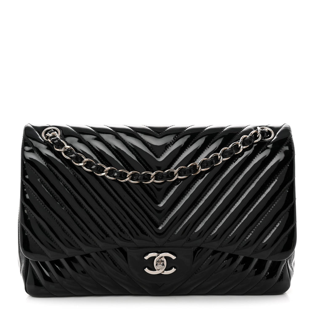Patent Chevron Quilted Jumbo Double Flap Black At My store